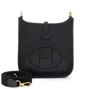 Hermès Black Clémence Mini Evelyne II TPM 16 Gold Hardware, 2019 Hermès Black Clémence Mini Evelyne II TPM 16 Gold Hardware, 2019