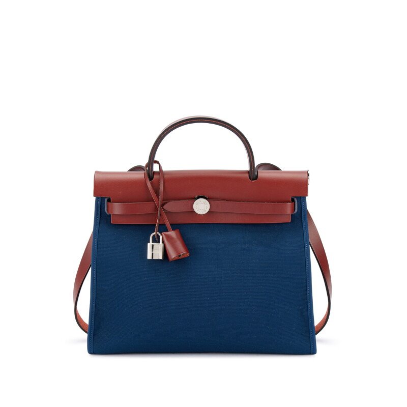 Hermès Rouge H Vache Hunter and Bleu de Malte Toile Herbag Zip 31 Palladium Hardware, 2015