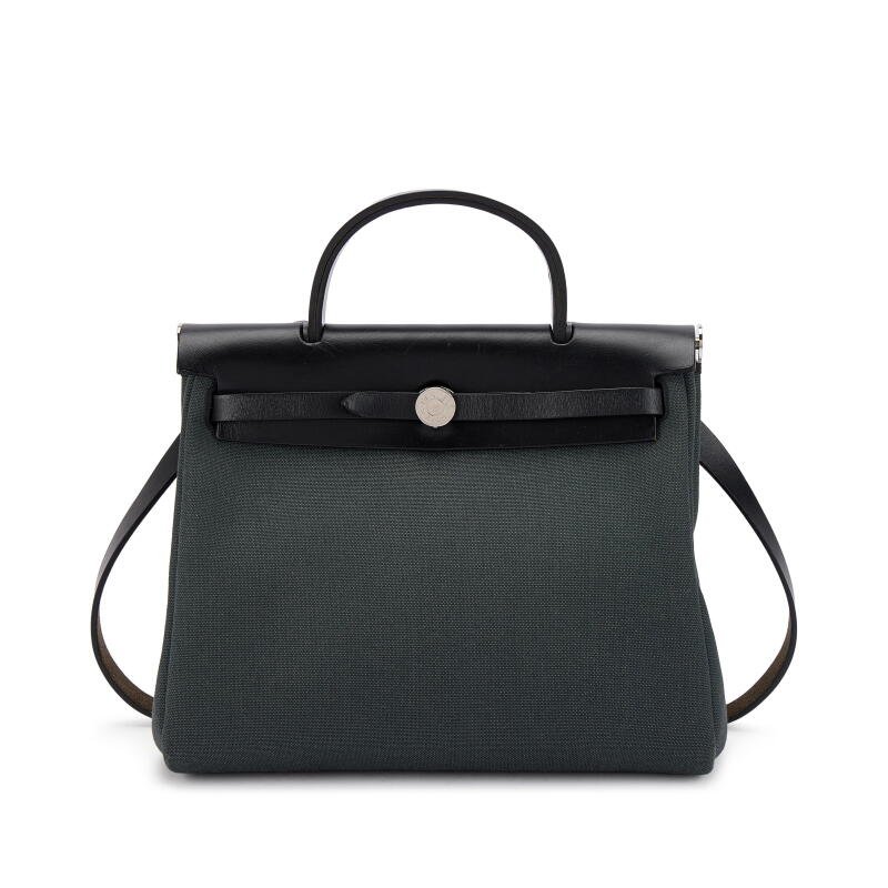 Hermès Black Vache Hunter and Vert de Gris Toile Herbag Zip 31 Palladium Hardware, 2019