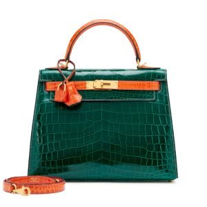 Hermès Vert Emeraude and Orange Shiny Niloticus Crocodile Sellier HSS Kelly 28 Brushed Gold Hardware, 2014 Hermès Vert Emeraude and Orange Shiny Niloticus Crocodile Sellier HSS Kelly 28 Brushed Gold Hardware, 2014