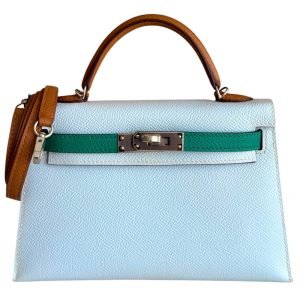 Hermès Bleu Brume, Vert Jade, and Gold Tri-Color Epsom Mini Kelly 20 II Palladium Hardware, 2021 Hermès Bleu Brume, Vert Jade, and Gold Tri-Color Epsom Mini Kelly 20 II Palladium Hardware, 2021