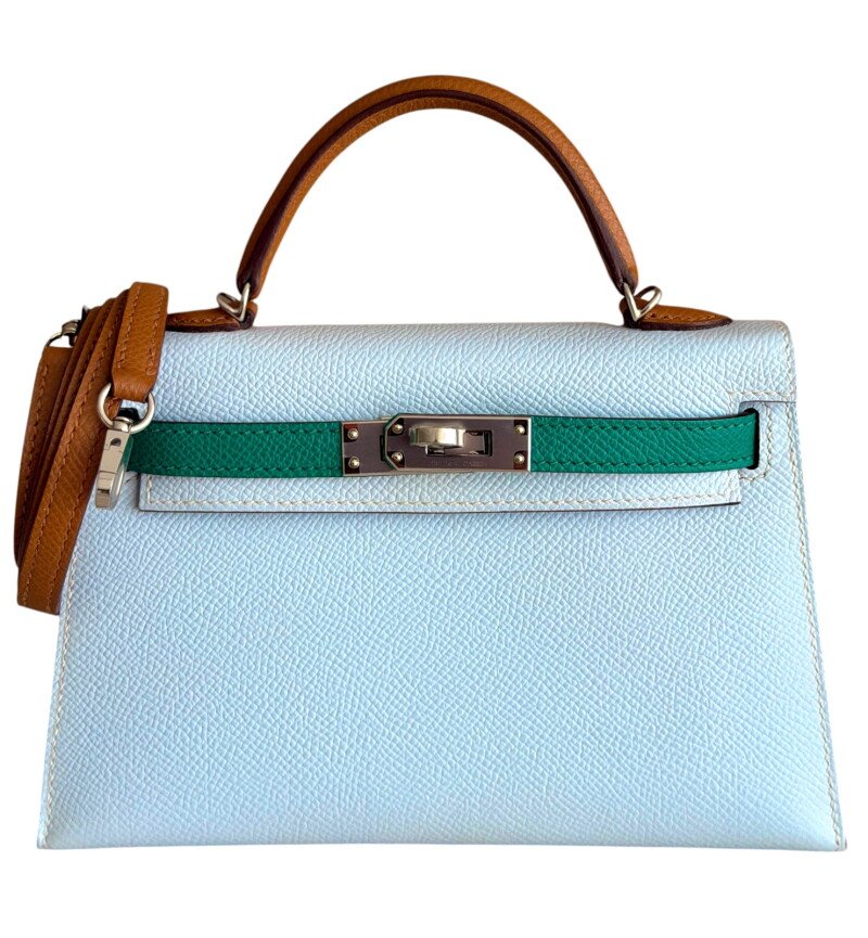 Hermès Bleu Brume, Vert Jade, and Gold Tri-Color Epsom Mini Kelly 20 II Palladium Hardware, 2021