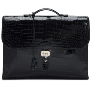 Hermès Vintage Black Shiny Porosus Crocodile Sac A Depeche 41 Palladium Hardware, 2004