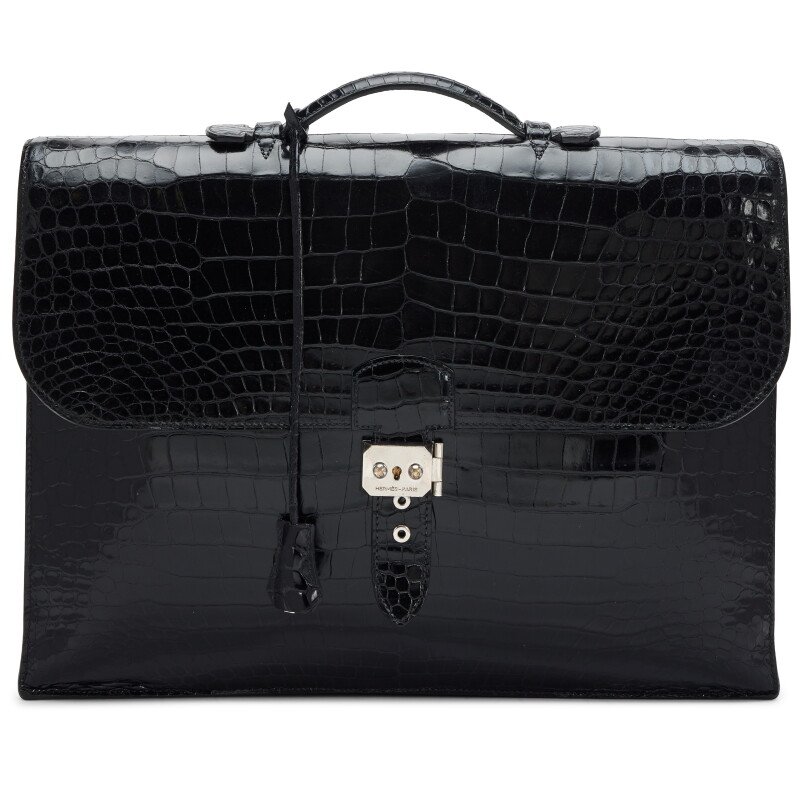 Hermès Vintage Black Shiny Porosus Crocodile Sac A Depeche 41 Palladium Hardware, 2004