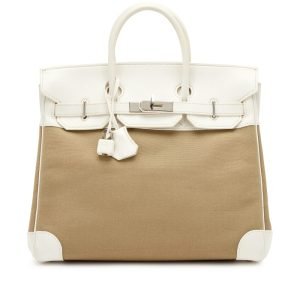 Hermès White Swift and Vert Militaire Officier Toile HAC Haut à Courroies Birkin 32 Palladium Hardware, 2007