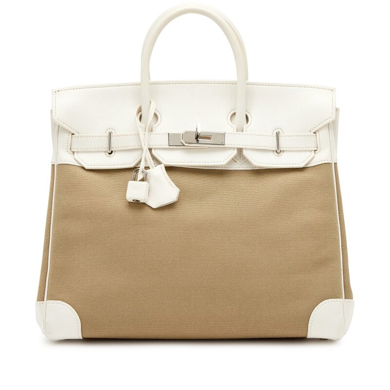 Hermès White Swift and Vert Militaire Officier Toile HAC Haut à Courroies Birkin 32 Palladium Hardware, 2007