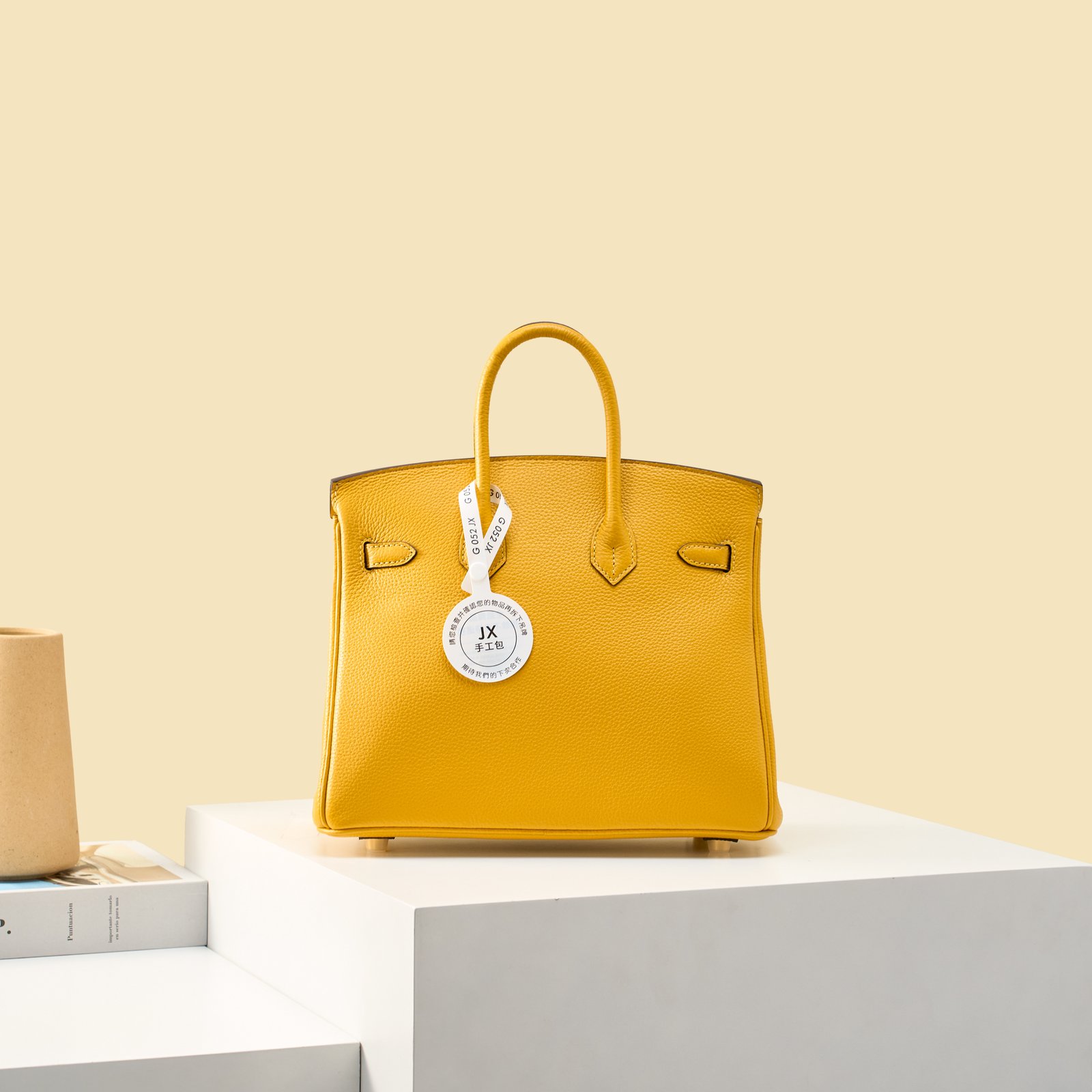 JX Birkin 25 in Amber Yellow with Contrast Stitching – Artisan Code 052, Hand-Stitched, Stainless Steel Hardware