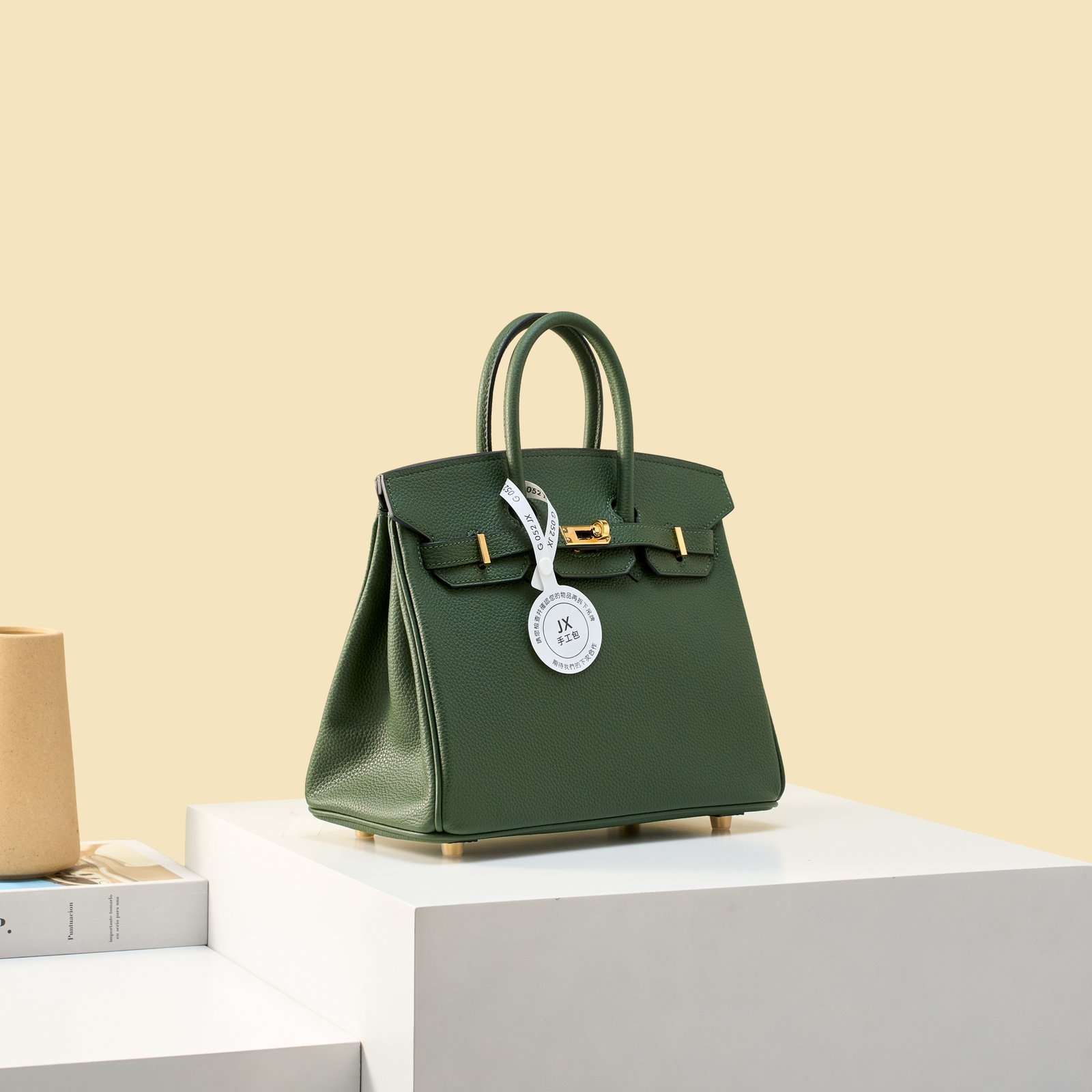 JX Birkin 25 in British Green with Contrast Stitching – Artisan Code 052, Hand-Stitched, Stainless Steel Hardware