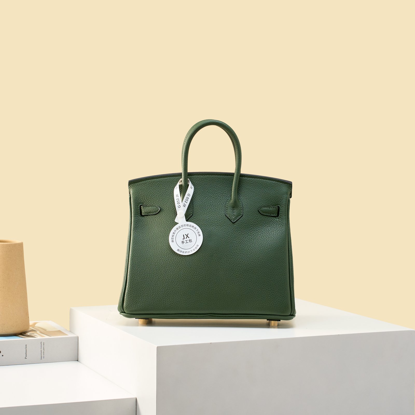 JX Birkin 25 in British Green with Contrast Stitching – Artisan Code 052, Hand-Stitched, Stainless Steel Hardware