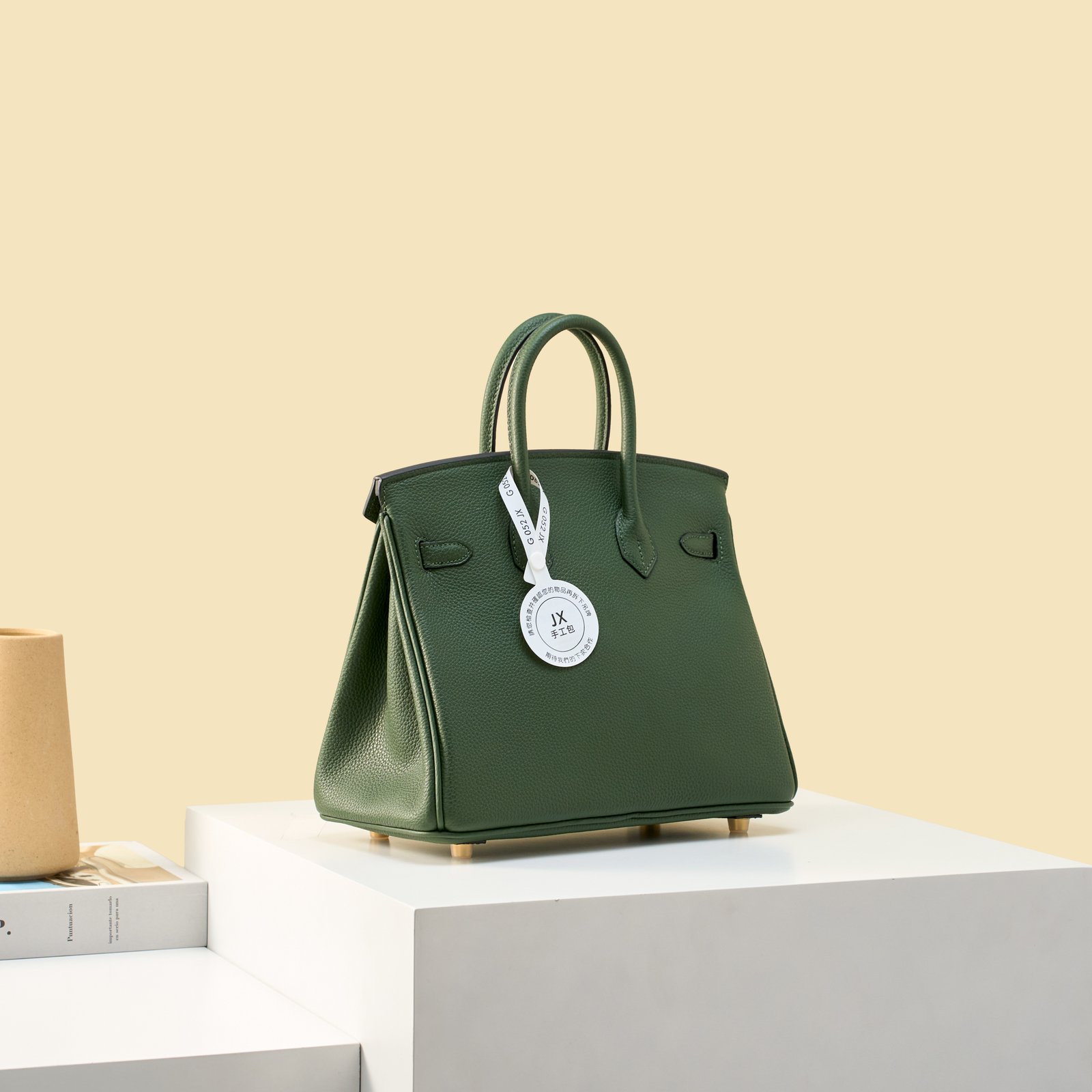 JX Birkin 25 in British Green with Contrast Stitching – Artisan Code 052, Hand-Stitched, Stainless Steel Hardware