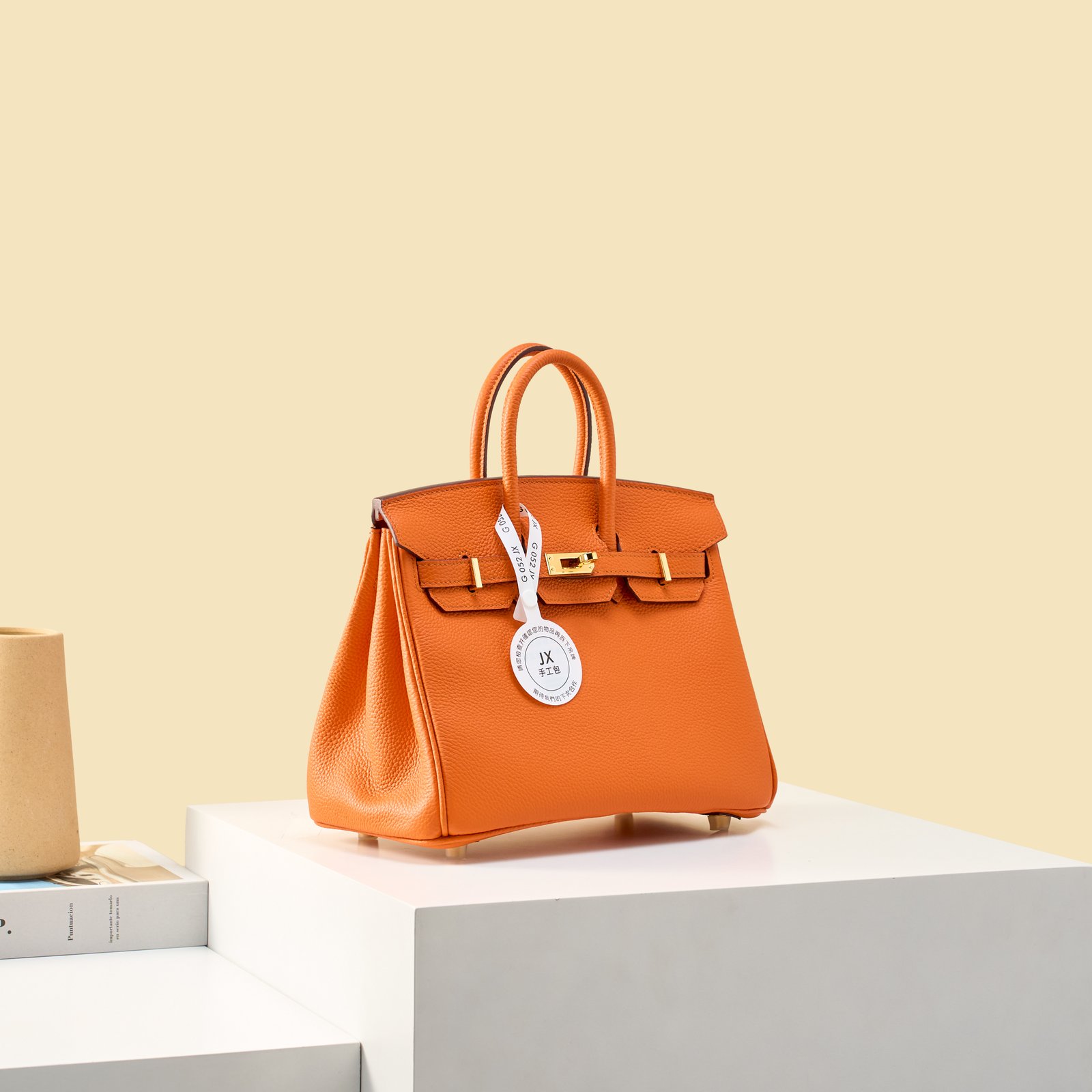 JX Birkin 25 in Classic Orange with Contrast Stitching – Artisan Code 052, Hand-Stitched, Stainless Steel Hardware