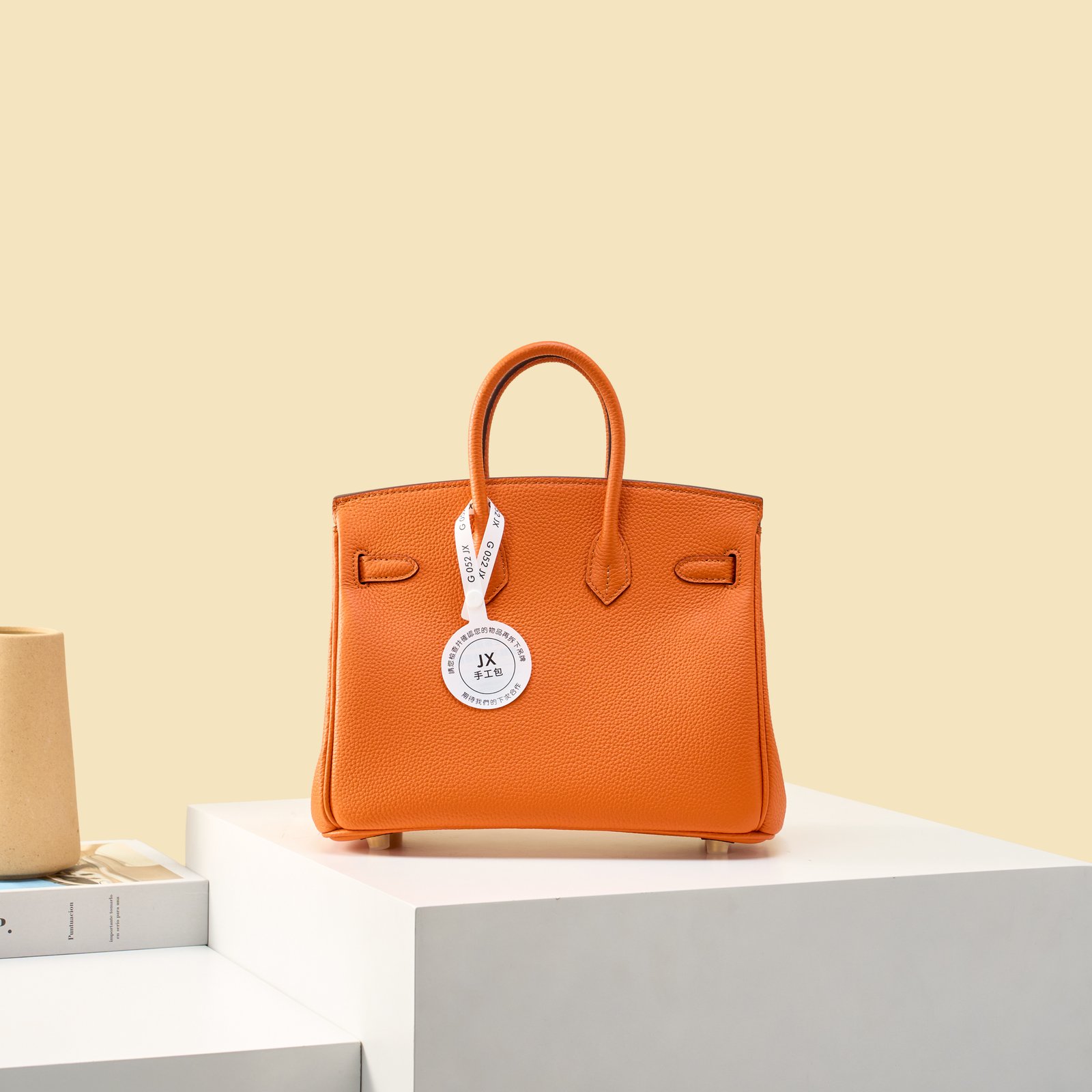 JX Birkin 25 in Classic Orange with Contrast Stitching – Artisan Code 052, Hand-Stitched, Stainless Steel Hardware