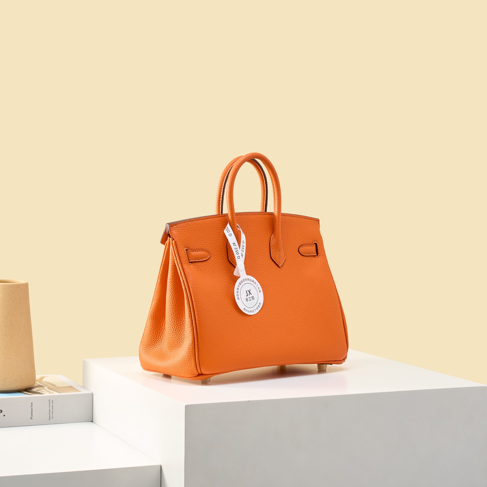 JX Birkin 25 in Classic Orange with Contrast Stitching – Artisan Code 052, Hand-Stitched, Stainless Steel Hardware