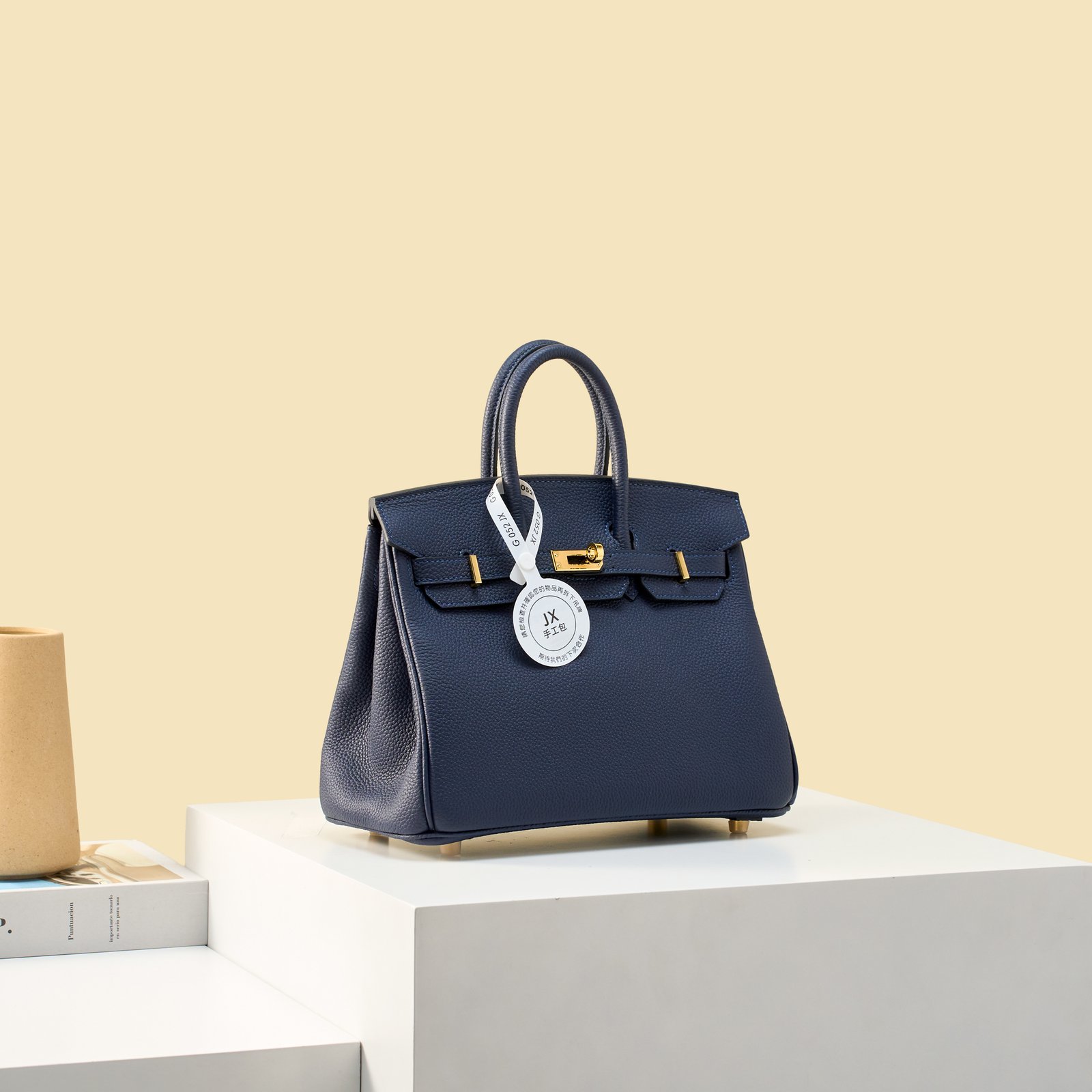 JX Birkin 25 in Deep Blue with Contrast Stitching – Artisan Code 052, Hand-Stitched, Stainless Steel Hardware