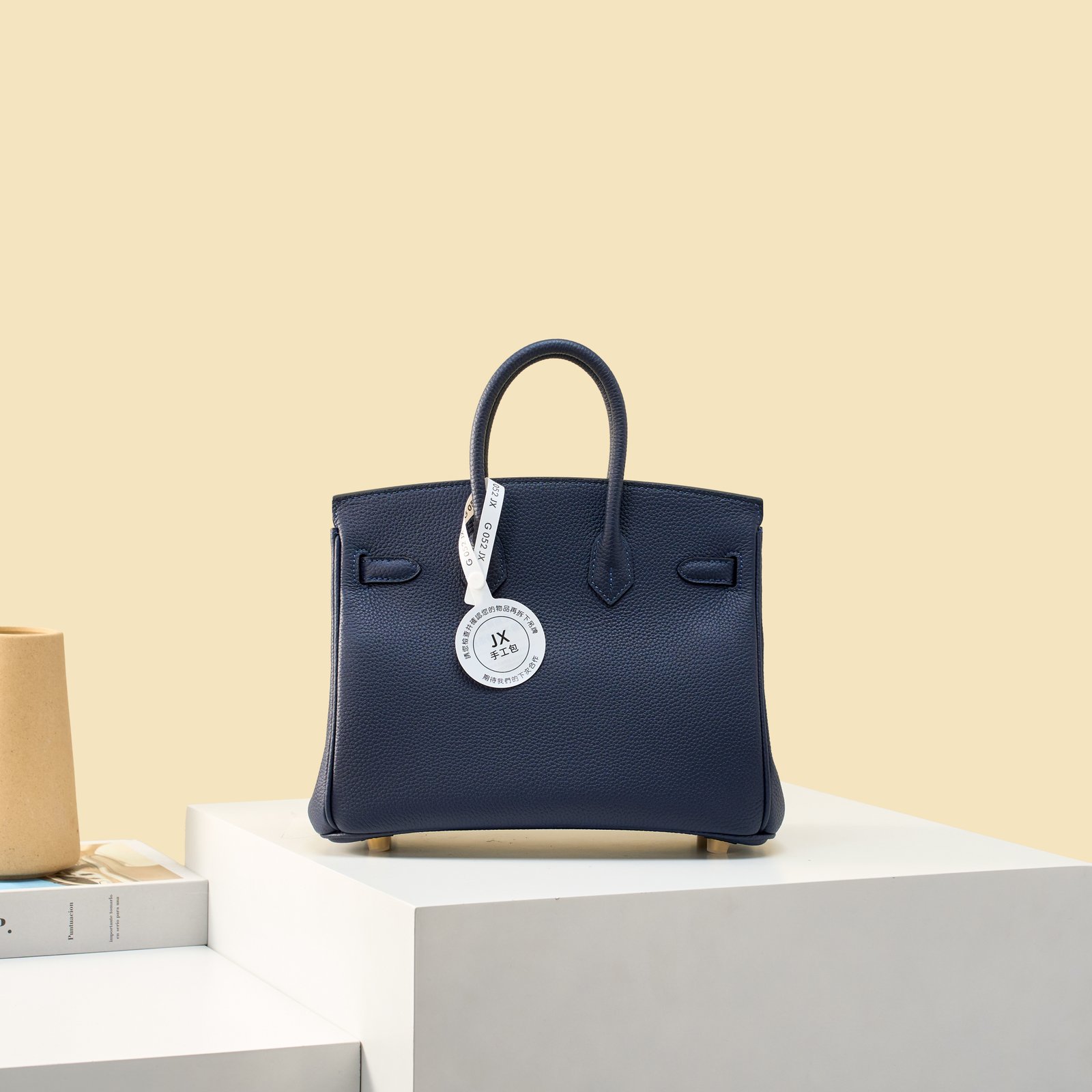 JX Birkin 25 in Deep Blue with Contrast Stitching – Artisan Code 052, Hand-Stitched, Stainless Steel Hardware