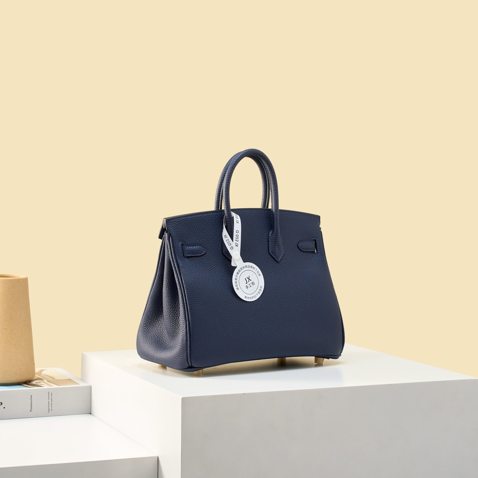 JX Birkin 25 in Deep Blue with Contrast Stitching – Artisan Code 052, Hand-Stitched, Stainless Steel Hardware