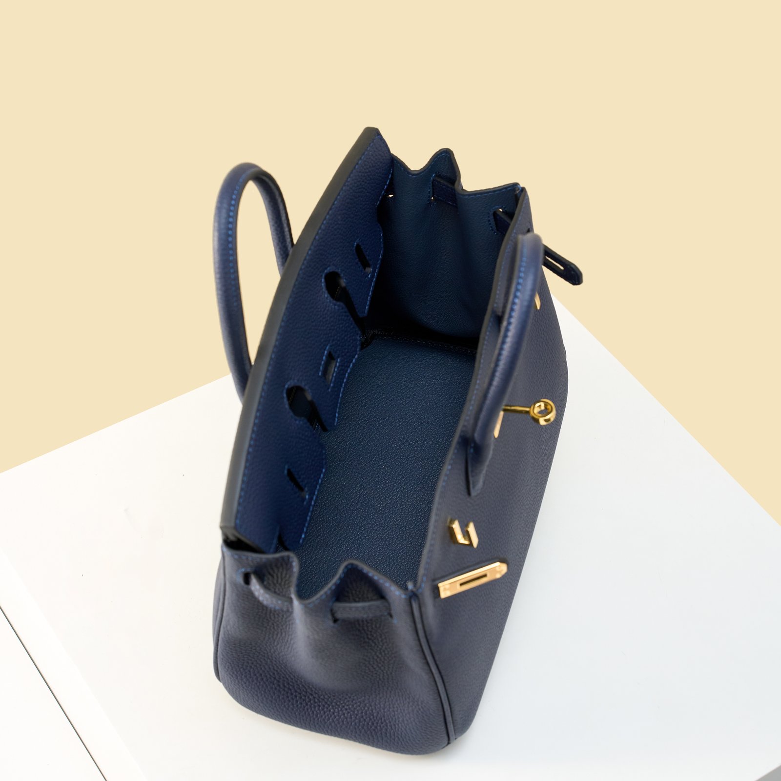 JX Birkin 25 in Deep Blue with Contrast Stitching – Artisan Code 052, Hand-Stitched, Stainless Steel Hardware
