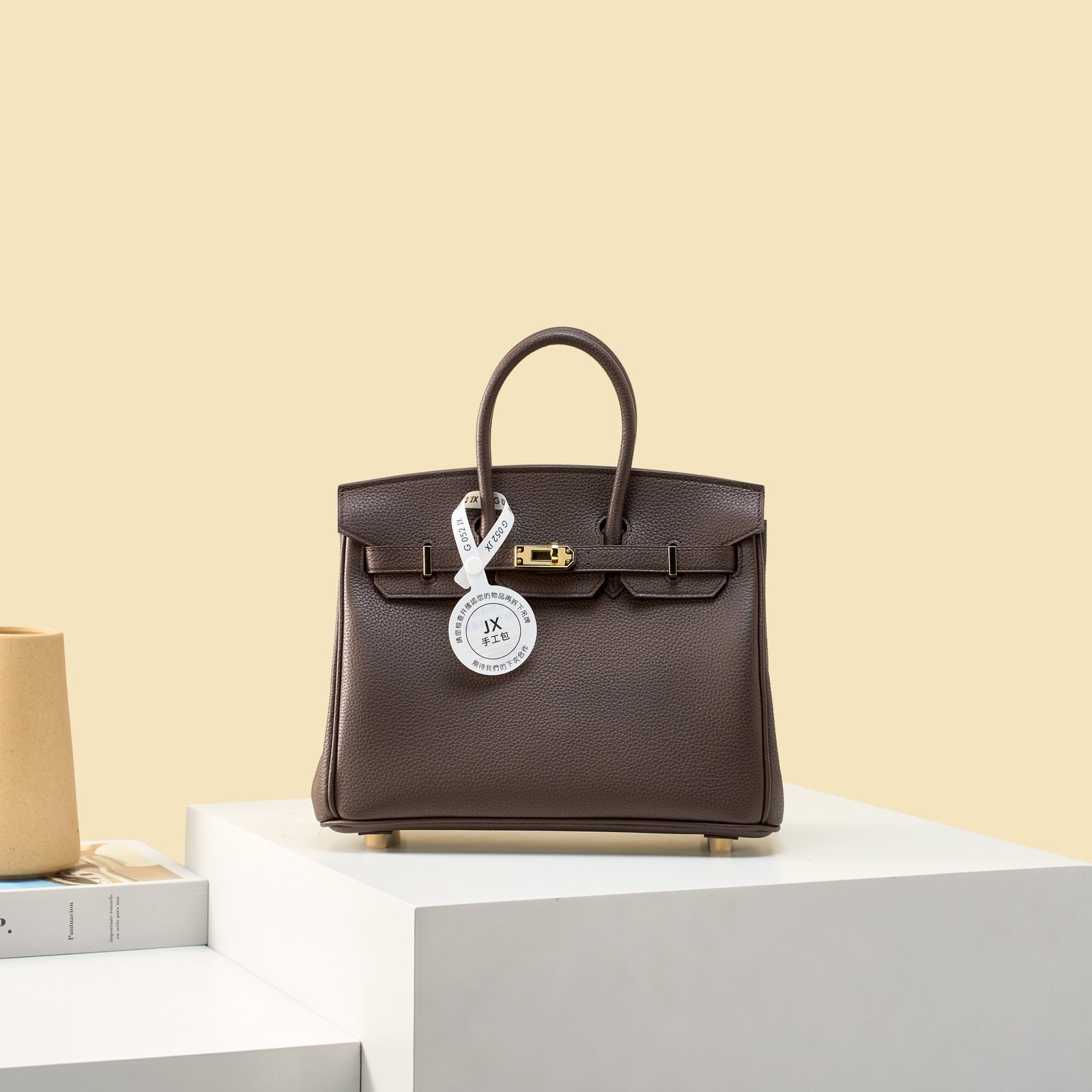 JX Birkin 25 in Ebony with Contrast Stitching – Artisan Code 052, Hand-Stitched, Stainless Steel Hardware