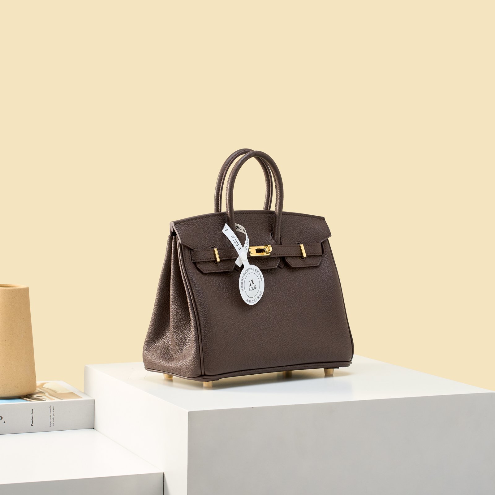 JX Birkin 25 in Ebony with Contrast Stitching – Artisan Code 052, Hand-Stitched, Stainless Steel Hardware