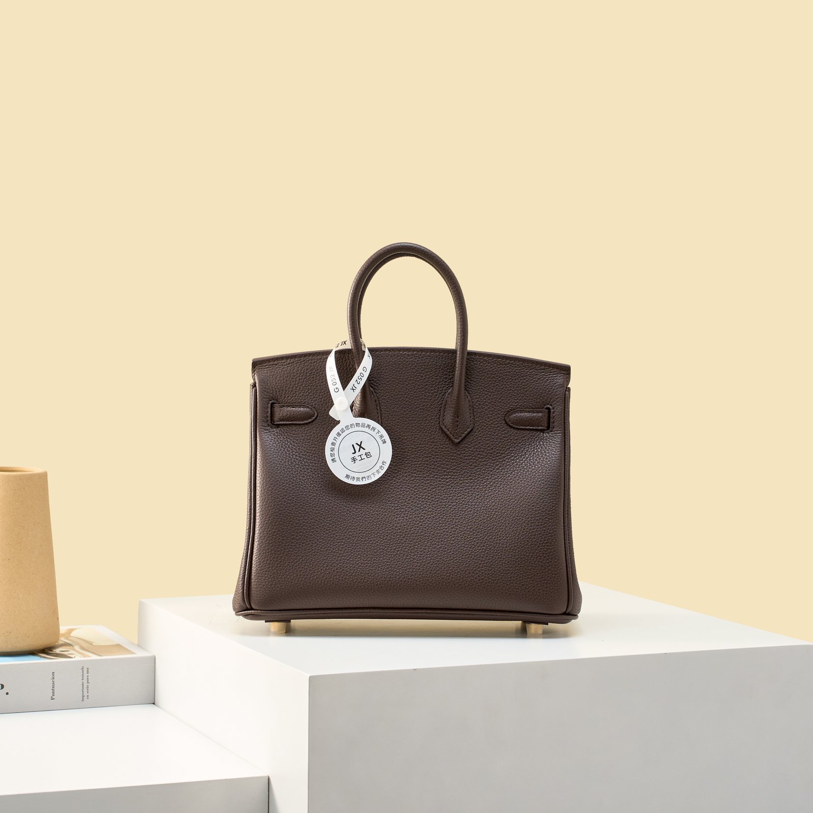 JX Birkin 25 in Ebony with Contrast Stitching – Artisan Code 052, Hand-Stitched, Stainless Steel Hardware