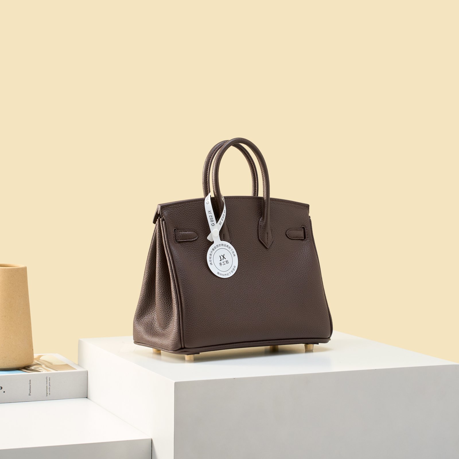 JX Birkin 25 in Ebony with Contrast Stitching – Artisan Code 052, Hand-Stitched, Stainless Steel Hardware