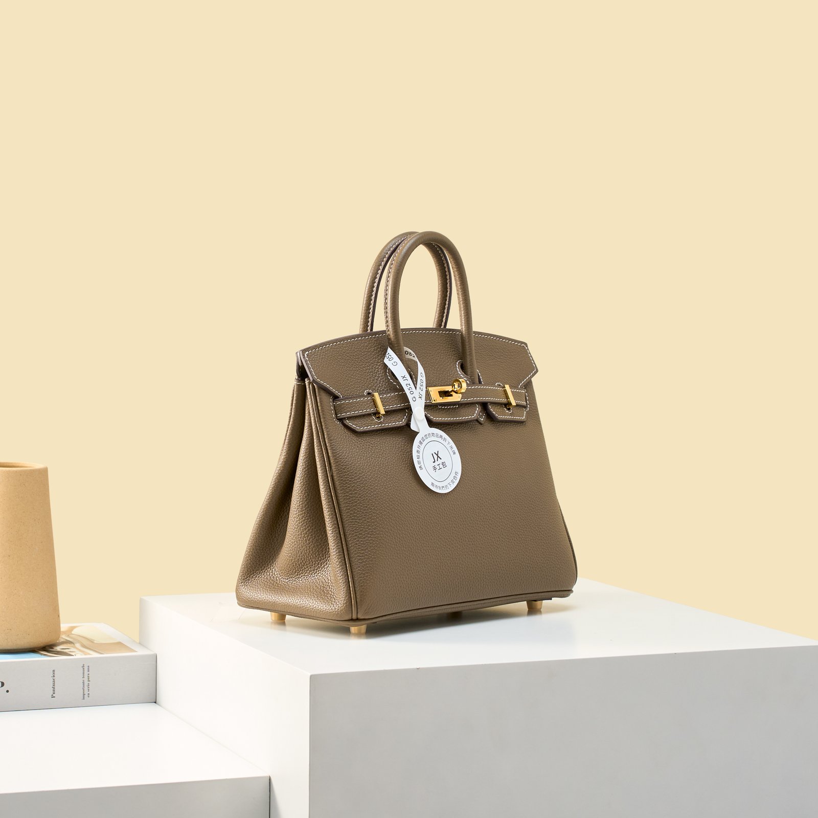 JX Birkin 25 in Etoupe with Contrast Stitching – Artisan Code 052, Hand-Stitched, Stainless Steel Hardware