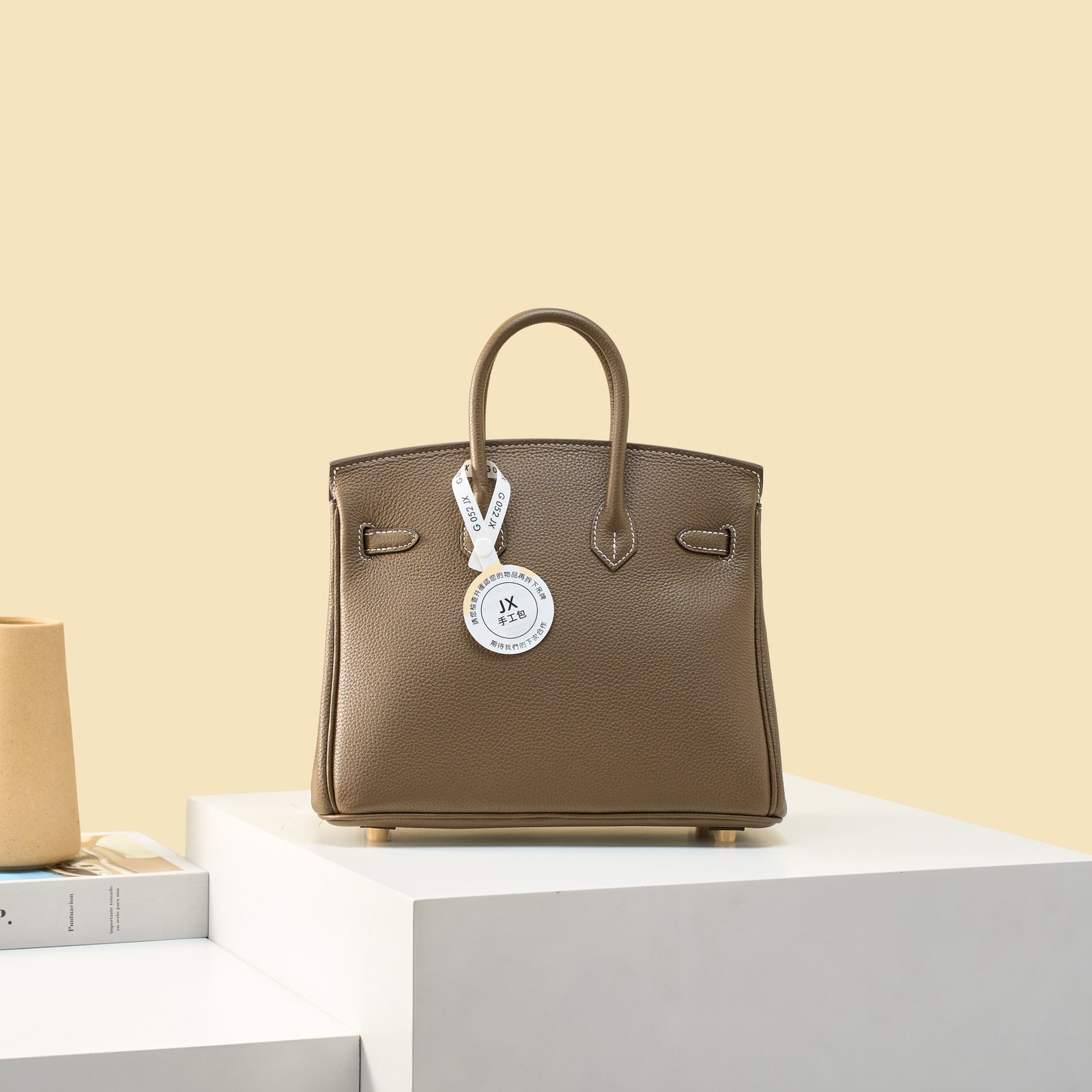 JX Birkin 25 in Etoupe with Contrast Stitching – Artisan Code 052, Hand-Stitched, Stainless Steel Hardware