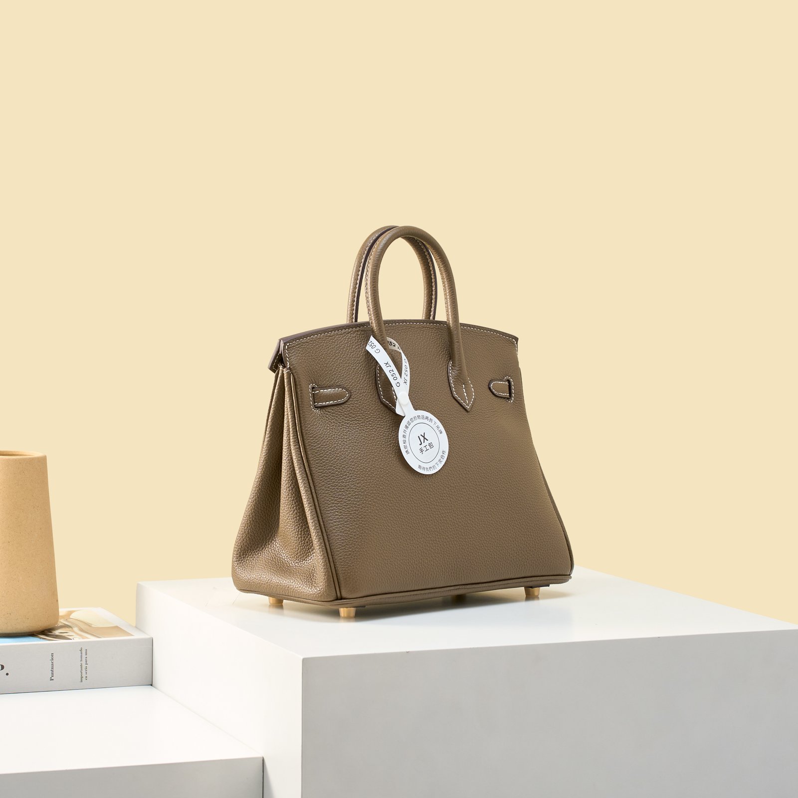 JX Birkin 25 in Etoupe with Contrast Stitching – Artisan Code 052, Hand-Stitched, Stainless Steel Hardware