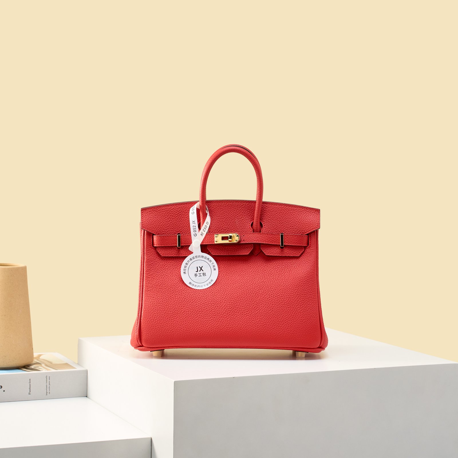 JX Birkin 25 in Flag Red with Contrast Stitching – Artisan Code 052, Hand-Stitched, Stainless Steel Hardware