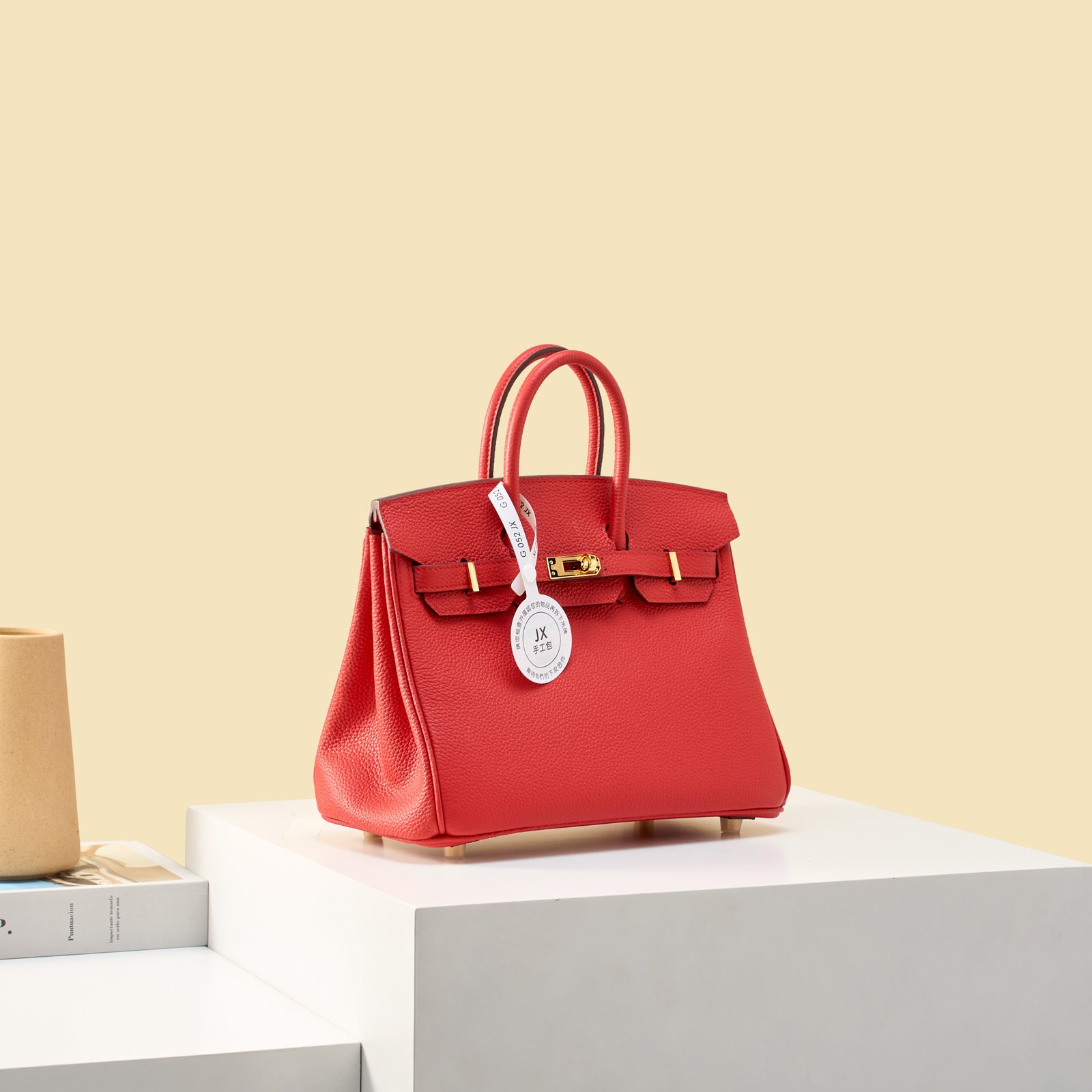 JX Birkin 25 in Flag Red with Contrast Stitching – Artisan Code 052, Hand-Stitched, Stainless Steel Hardware
