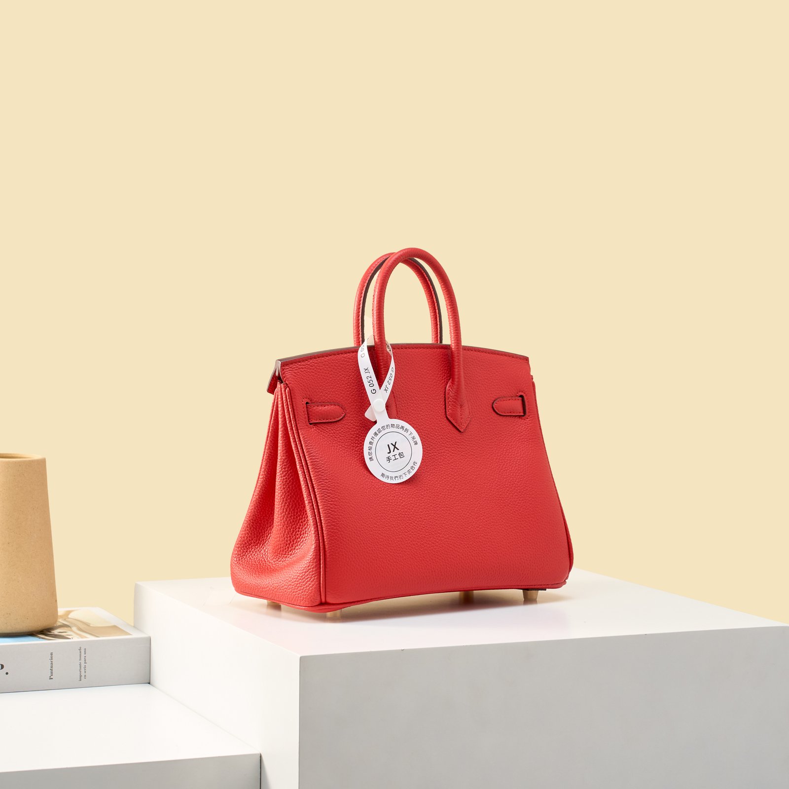 JX Birkin 25 in Flag Red with Contrast Stitching – Artisan Code 052, Hand-Stitched, Stainless Steel Hardware