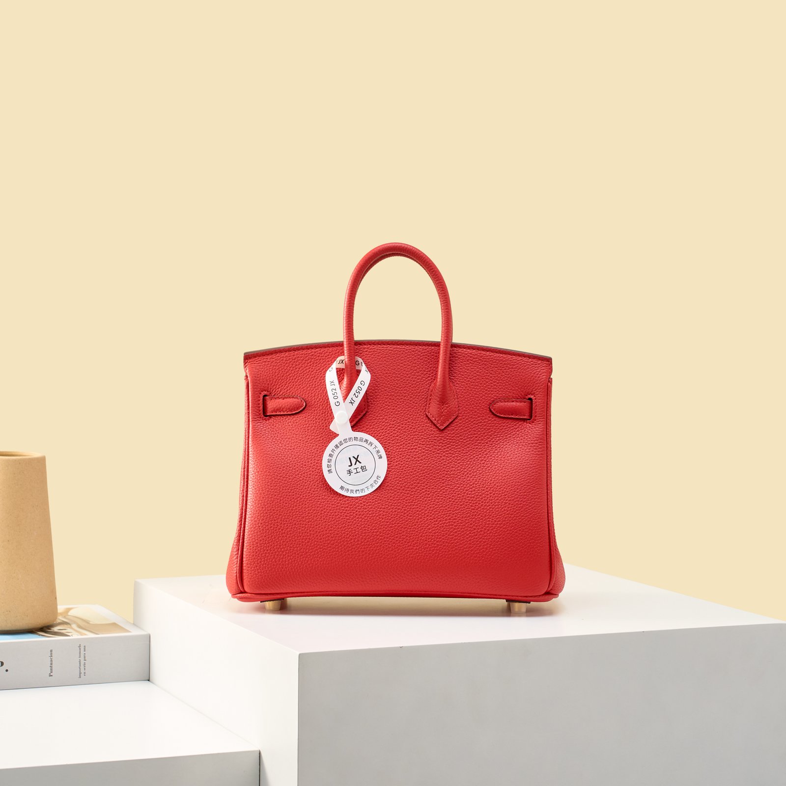 JX Birkin 25 in Flag Red with Contrast Stitching – Artisan Code 052, Hand-Stitched, Stainless Steel Hardware
