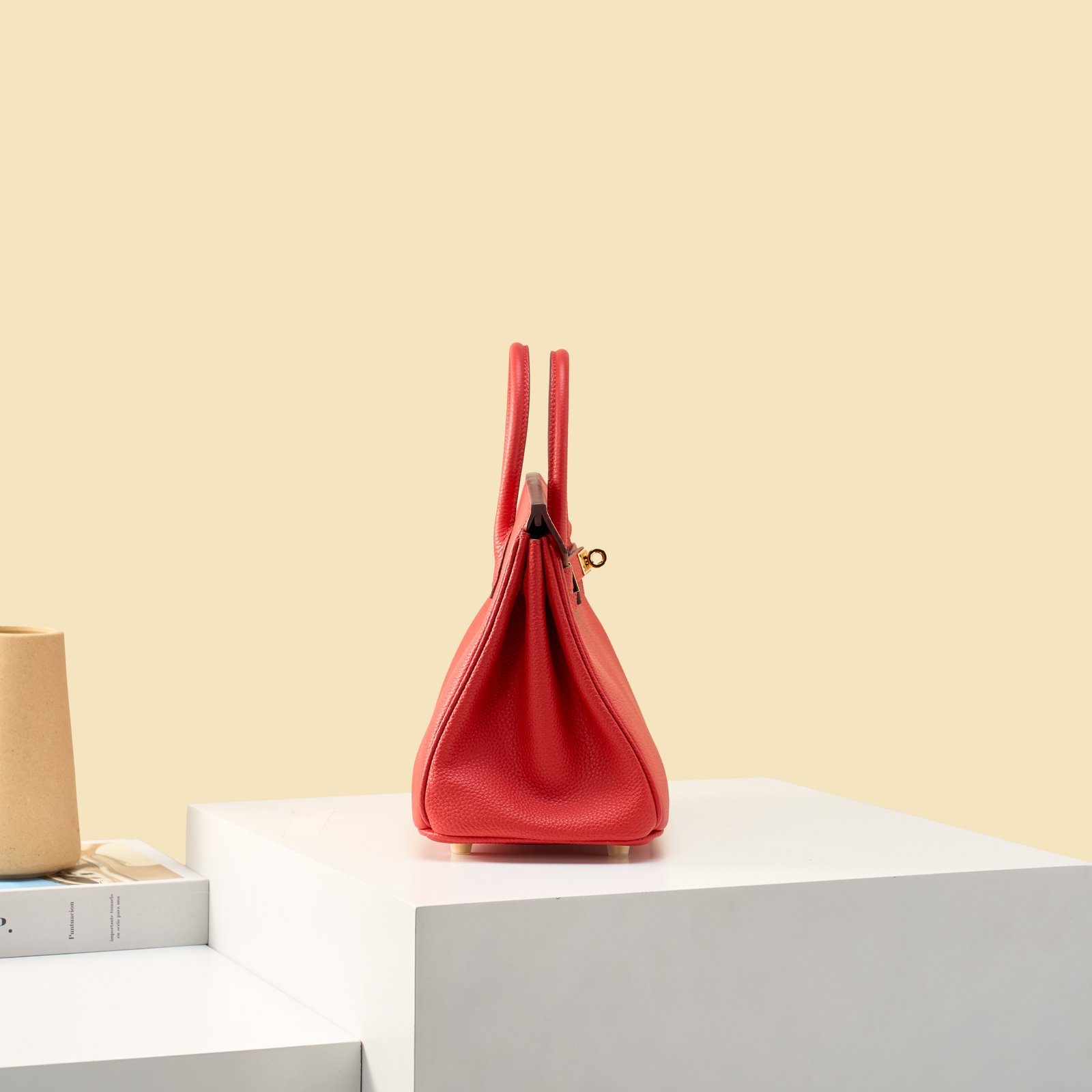 JX Birkin 25 in Flag Red with Contrast Stitching – Artisan Code 052, Hand-Stitched, Stainless Steel Hardware