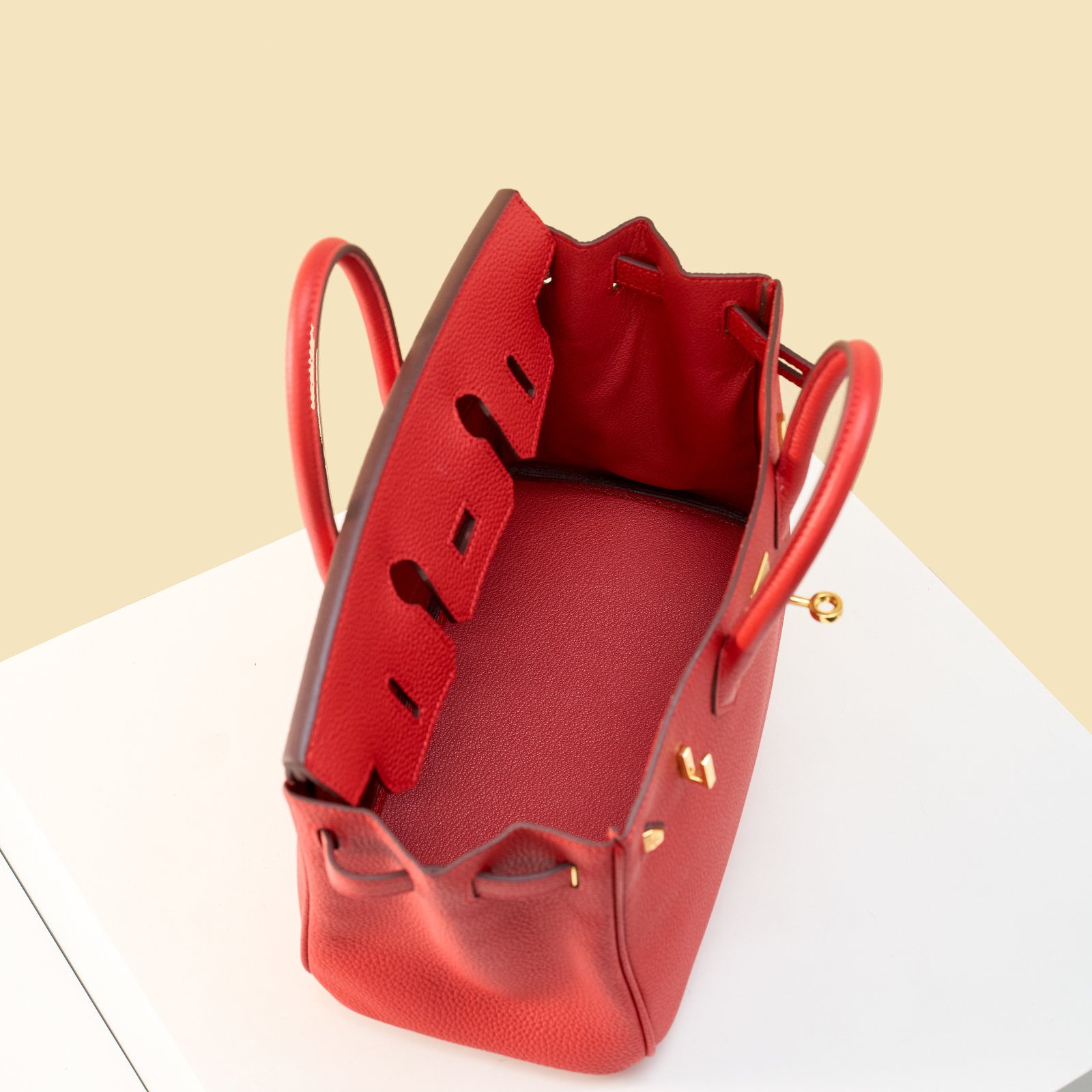 JX Birkin 25 in Flag Red with Contrast Stitching – Artisan Code 052, Hand-Stitched, Stainless Steel Hardware