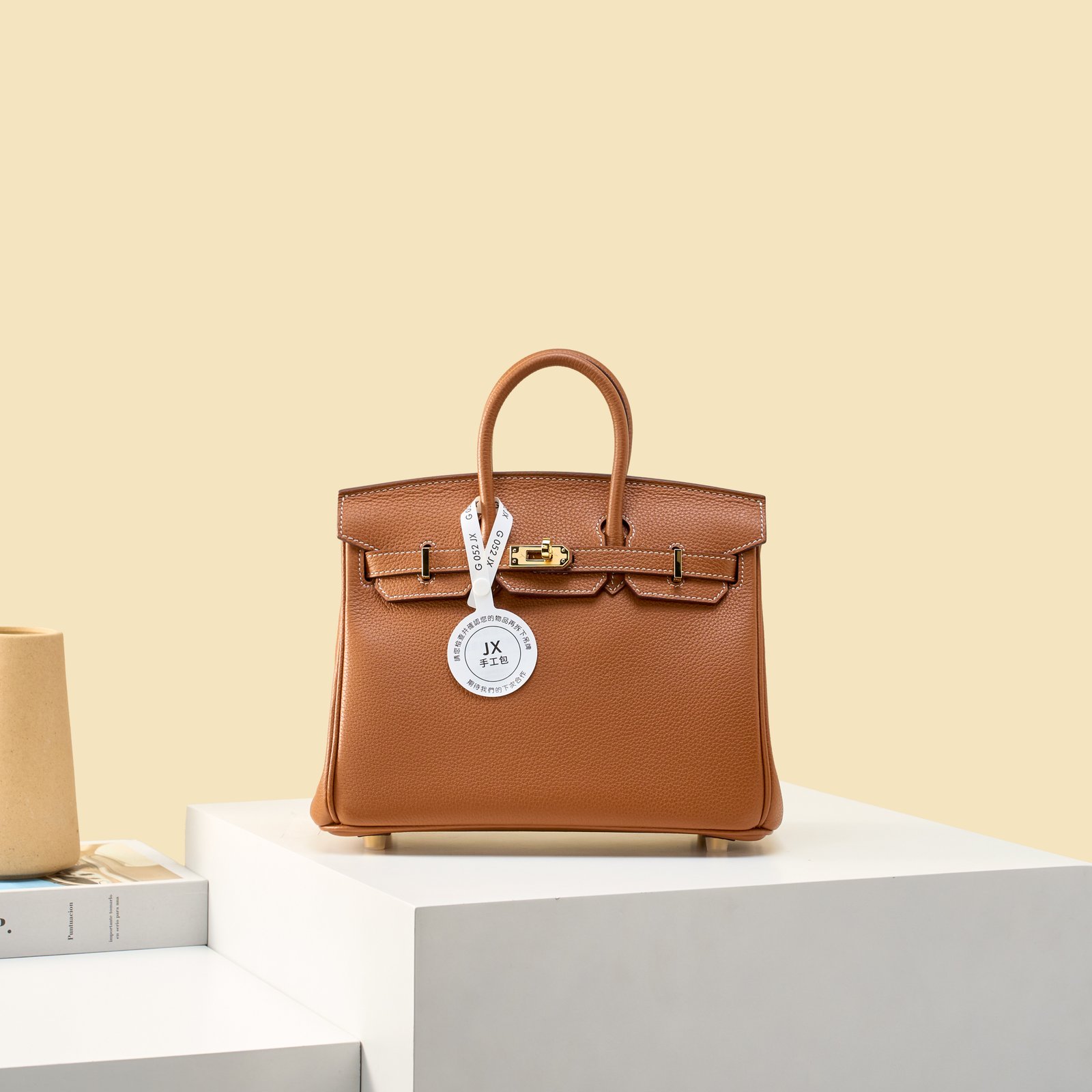 JX Birkin 25 in Gold with Contrast Stitching – Artisan Code 052, Hand-Stitched, Stainless Steel Hardware