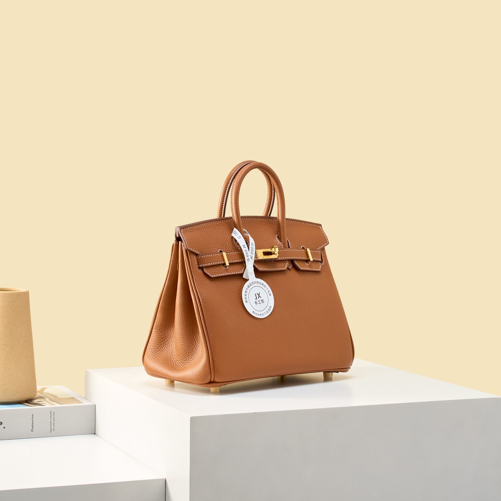 JX Birkin 25 in Gold with Contrast Stitching – Artisan Code 052, Hand-Stitched, Stainless Steel Hardware