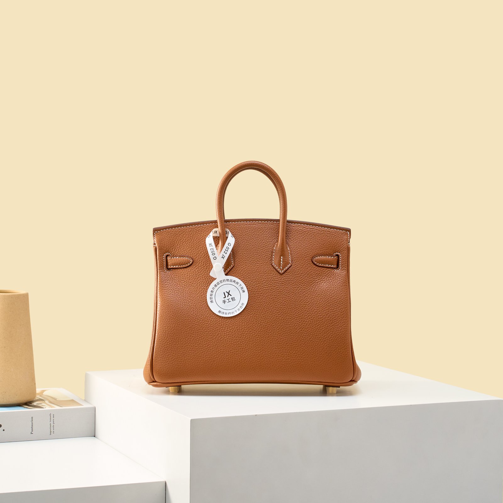JX Birkin 25 in Gold with Contrast Stitching – Artisan Code 052, Hand-Stitched, Stainless Steel Hardware