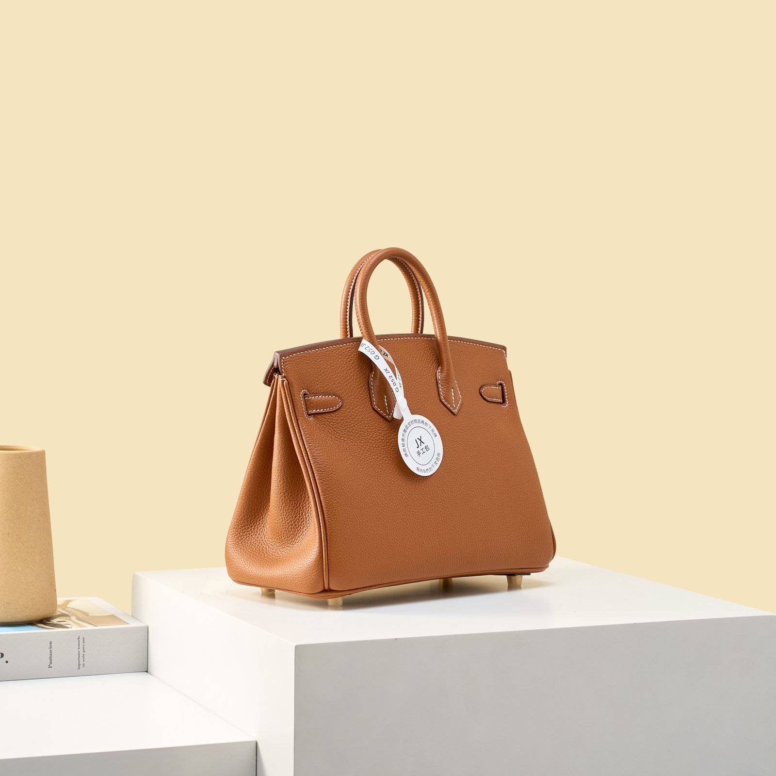 JX Birkin 25 in Gold with Contrast Stitching – Artisan Code 052, Hand-Stitched, Stainless Steel Hardware