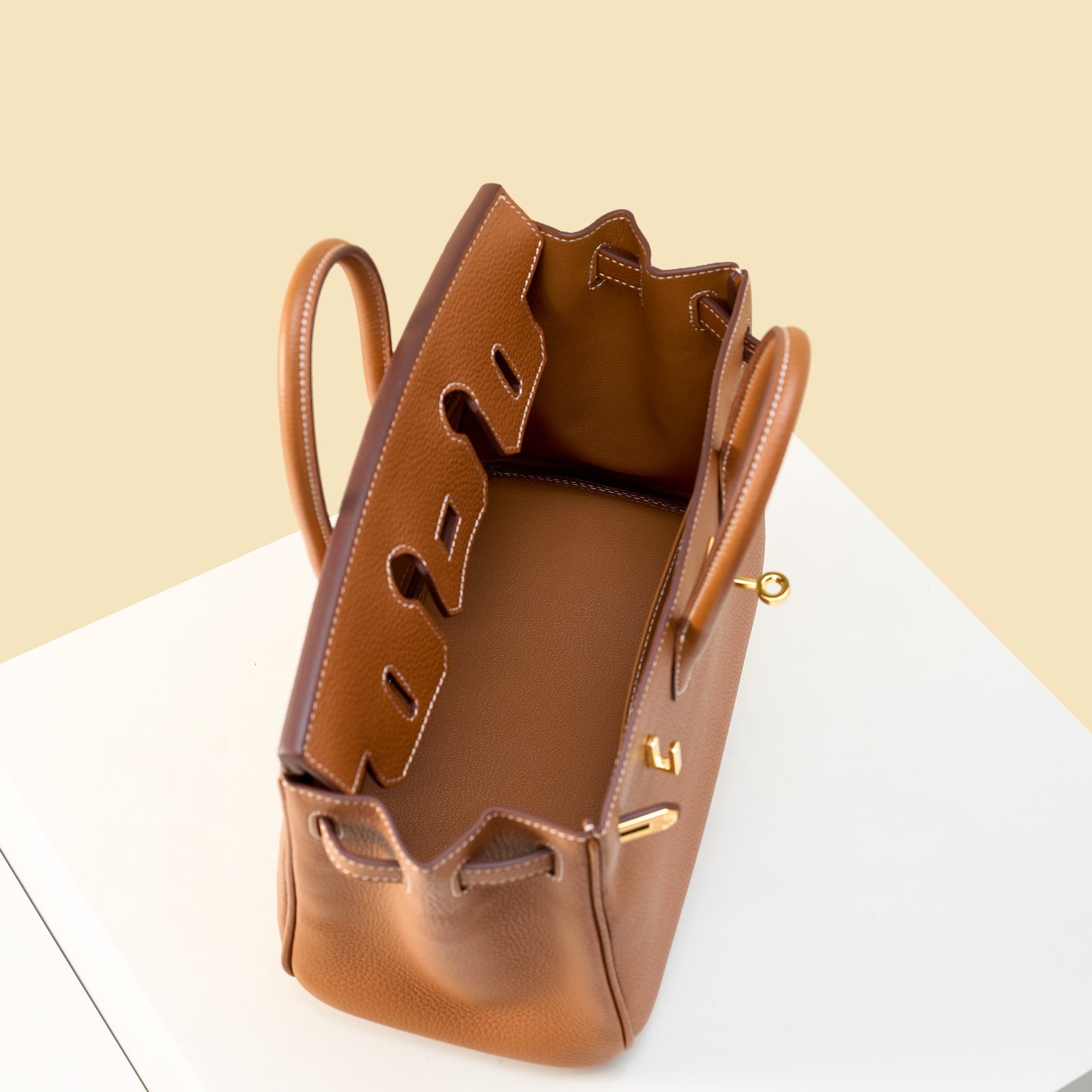 JX Birkin 25 in Gold with Contrast Stitching – Artisan Code 052, Hand-Stitched, Stainless Steel Hardware