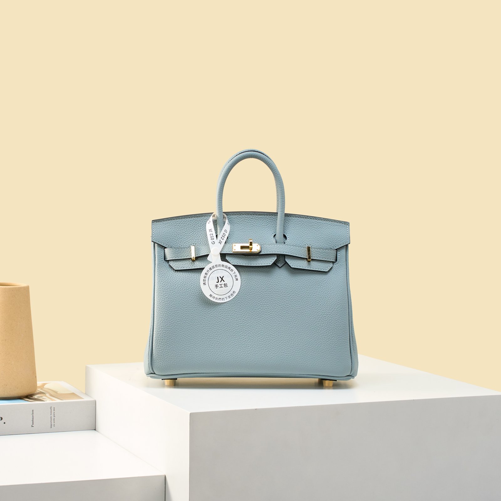 JX Birkin 25 in Linen Blue with Contrast Stitching – Artisan Code 052, Hand-Stitched, Stainless Steel Hardware