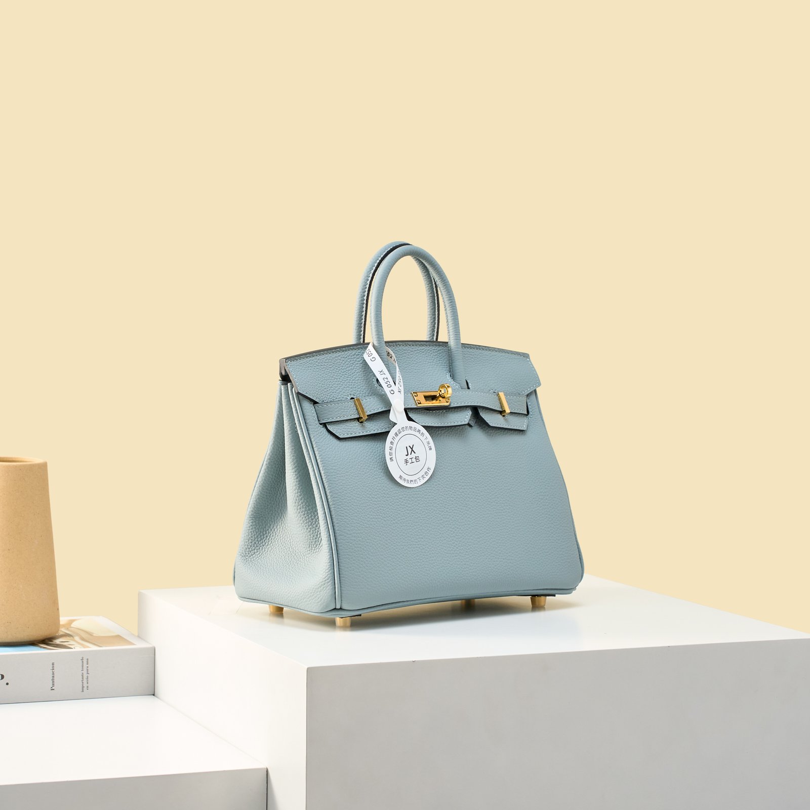 JX Birkin 25 in Linen Blue with Contrast Stitching – Artisan Code 052, Hand-Stitched, Stainless Steel Hardware