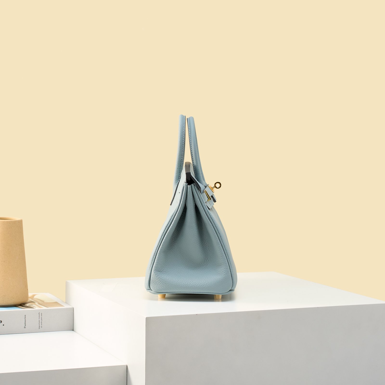 JX Birkin 25 in Linen Blue with Contrast Stitching – Artisan Code 052, Hand-Stitched, Stainless Steel Hardware