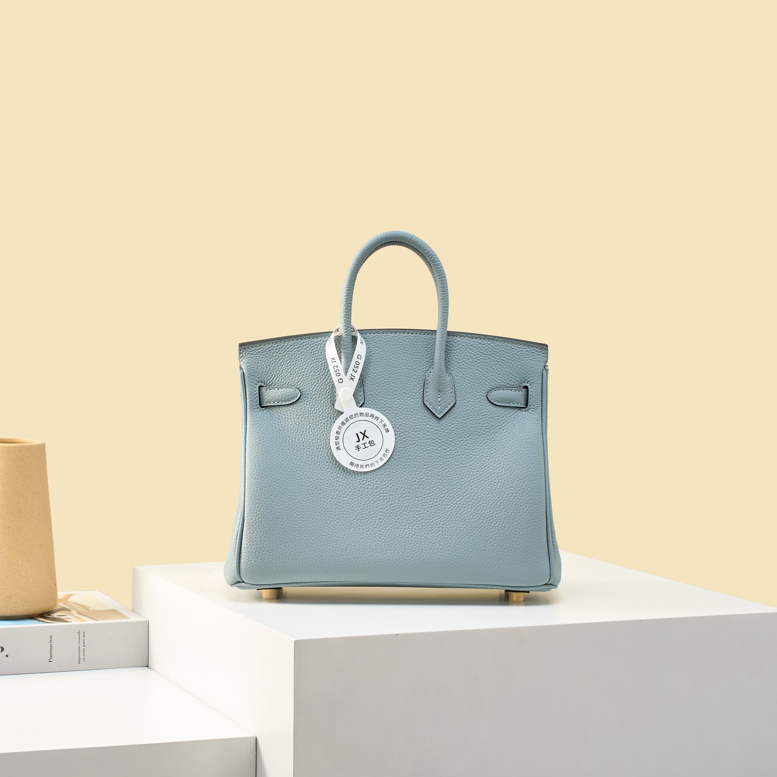 JX Birkin 25 in Linen Blue with Contrast Stitching – Artisan Code 052, Hand-Stitched, Stainless Steel Hardware
