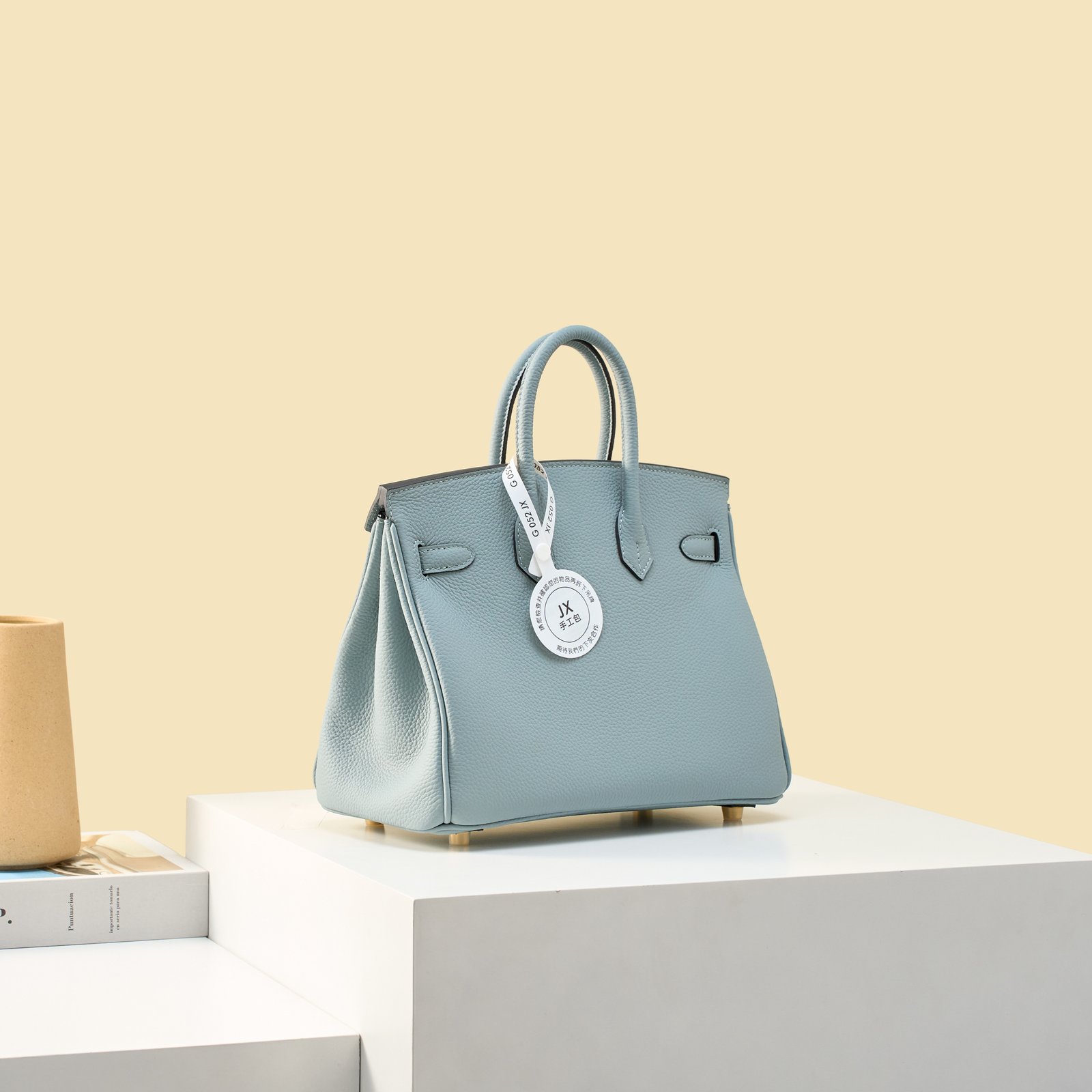JX Birkin 25 in Linen Blue with Contrast Stitching – Artisan Code 052, Hand-Stitched, Stainless Steel Hardware