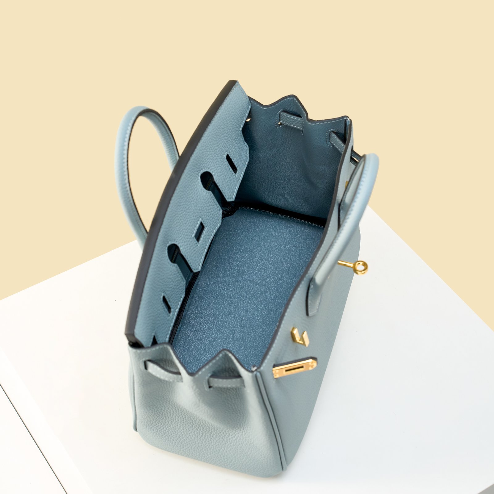 JX Birkin 25 in Linen Blue with Contrast Stitching – Artisan Code 052, Hand-Stitched, Stainless Steel Hardware