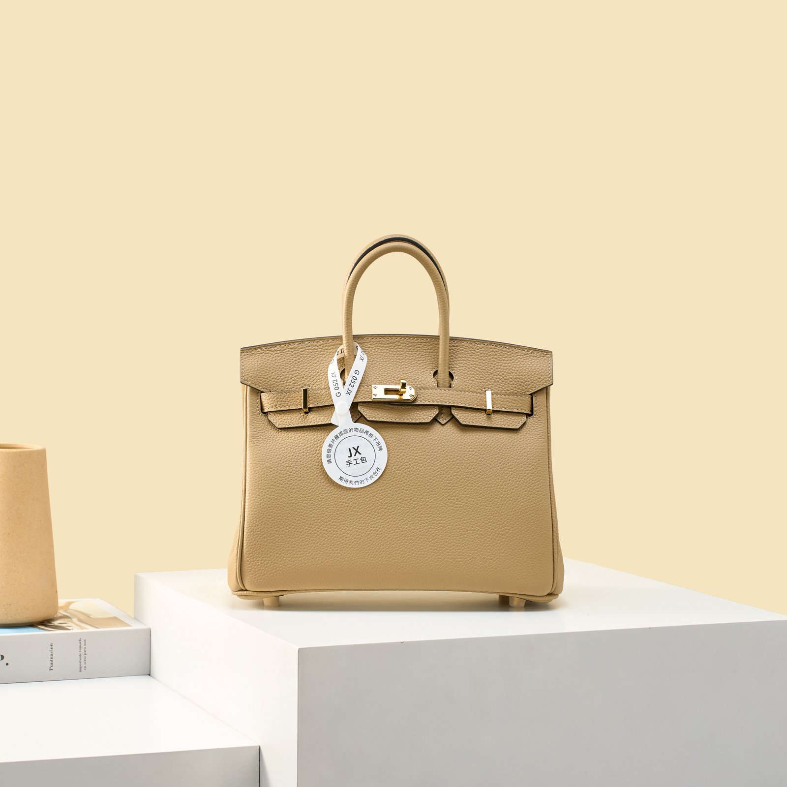 JX Birkin 25 in Milk Tea with Contrast Stitching – Artisan Code 052, Hand-Stitched, Stainless Steel Hardware
