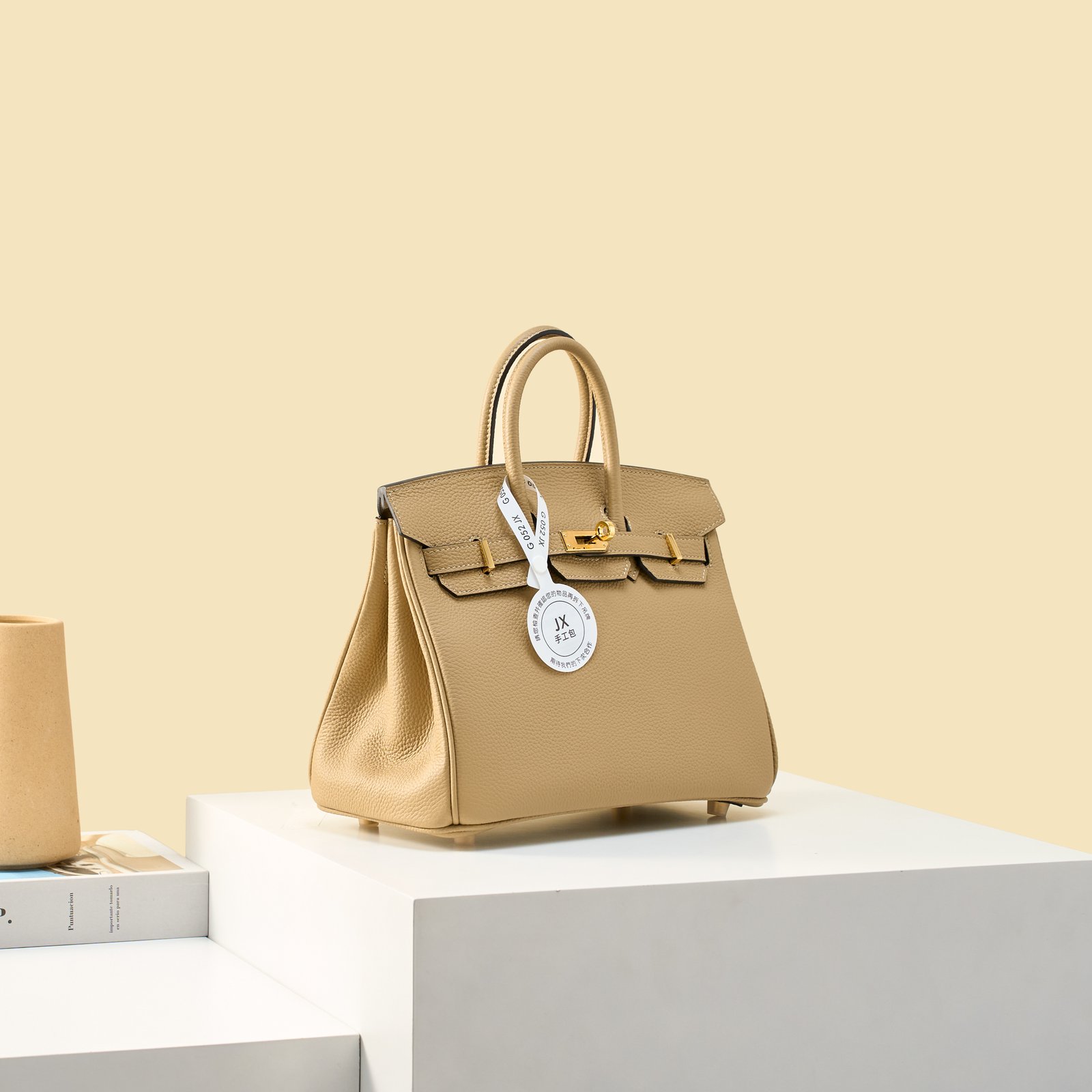 JX Birkin 25 in Milk Tea with Contrast Stitching – Artisan Code 052, Hand-Stitched, Stainless Steel Hardware