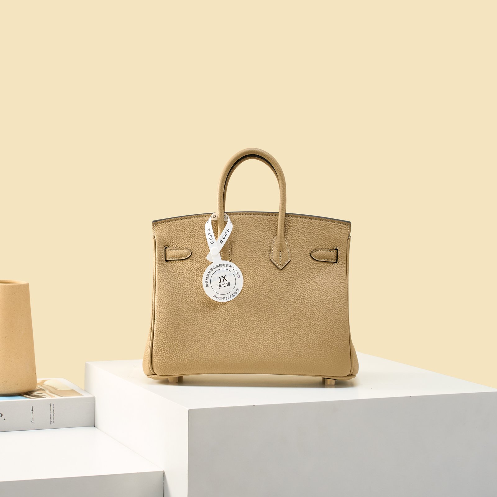 JX Birkin 25 in Milk Tea with Contrast Stitching – Artisan Code 052, Hand-Stitched, Stainless Steel Hardware