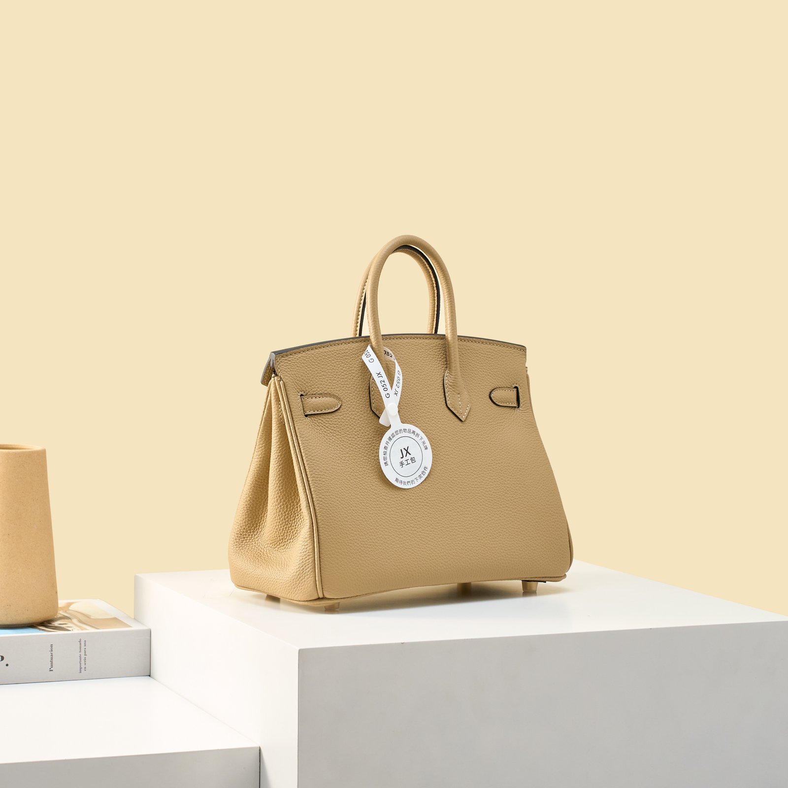JX Birkin 25 in Milk Tea with Contrast Stitching – Artisan Code 052, Hand-Stitched, Stainless Steel Hardware