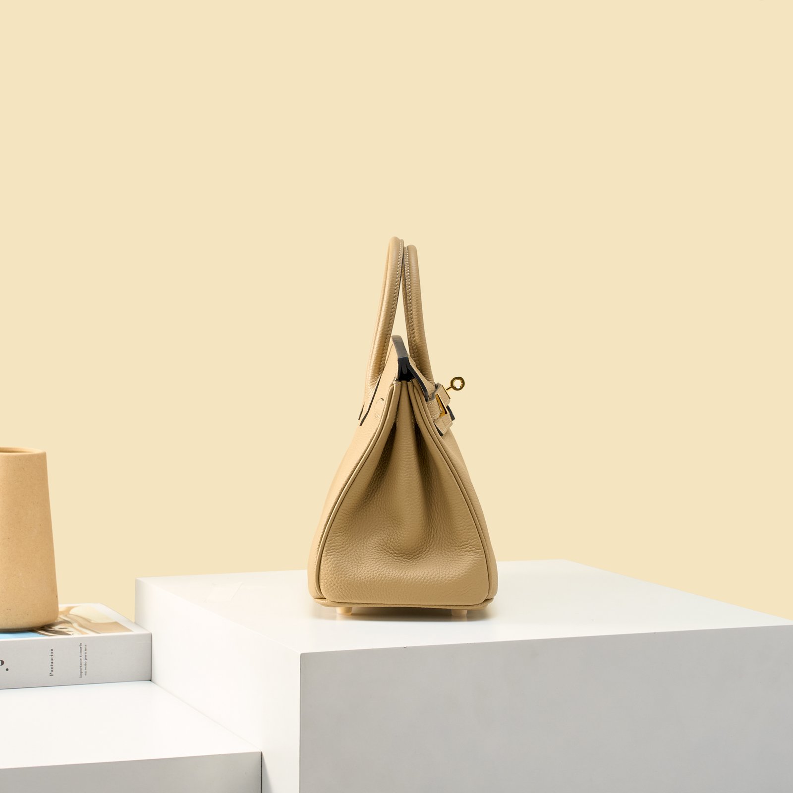 JX Birkin 25 in Milk Tea with Contrast Stitching – Artisan Code 052, Hand-Stitched, Stainless Steel Hardware